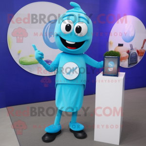 Cyan Scented Candle mascot costume character dressed with a Sheath Dress and Smartwatches