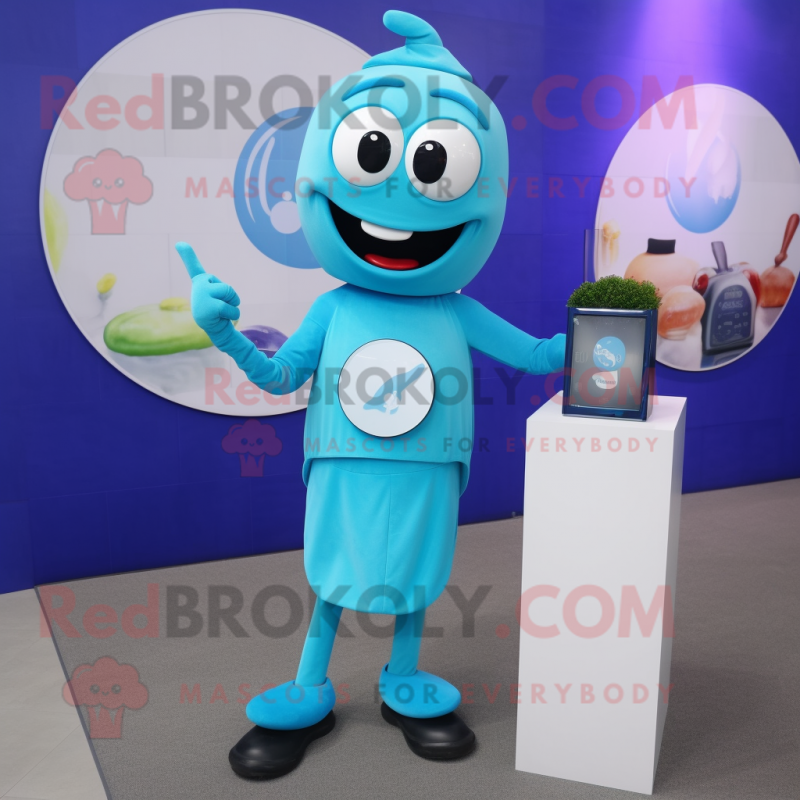 Cyan Scented Candle mascot costume character dressed with a Sheath Dress and Smartwatches