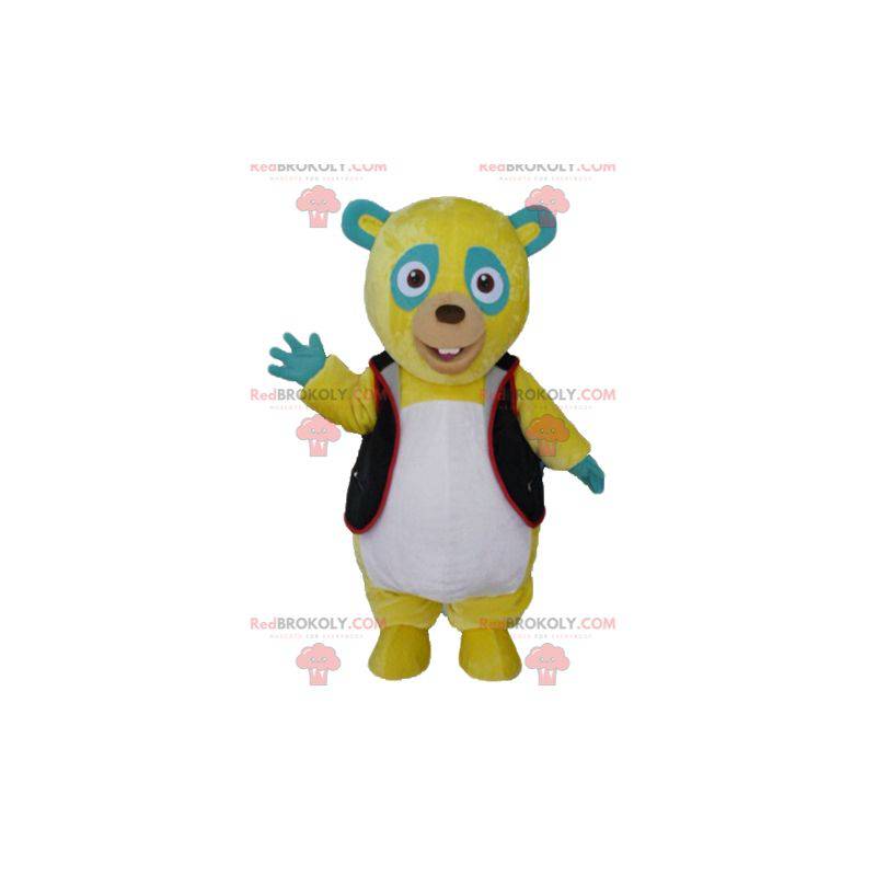 Mascotte de nounours jaune vert et blanc avec un gilet noir -