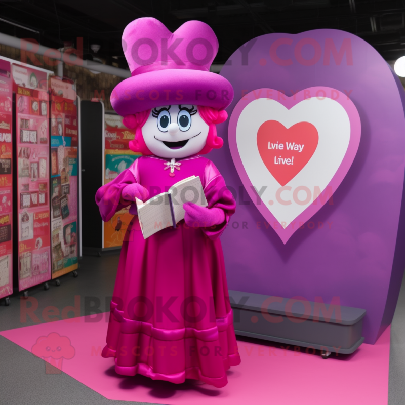 Magenta Love Letter mascot costume character dressed with a Evening Gown and Caps