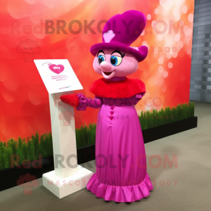 Magenta Love Letter mascot costume character dressed with a Evening Gown and Caps