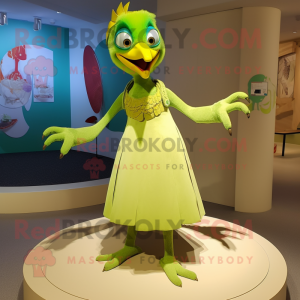 Lime Green Woodpecker mascot costume character dressed with a Maxi Skirt and Brooches