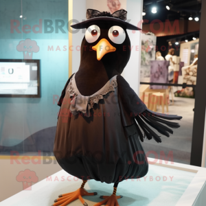 Brown Blackbird mascot costume character dressed with a Evening Gown and Eyeglasses