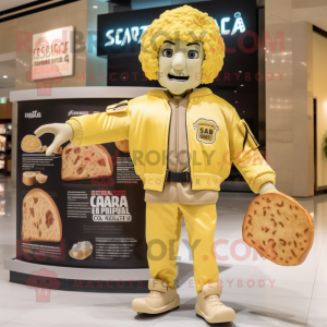 Gold Caesar Salad mascot costume character dressed with a Bomber Jacket and Clutch bags