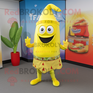 Lemon Yellow Fajitas mascot costume character dressed with a Shorts and Beanies