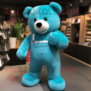 Turquoise Teddy Bear mascot costume character dressed with a Dungarees and Clutch bags