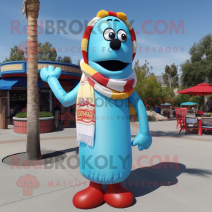 Sky Blue Hot Dog mascot costume character dressed with a Button-Up Shirt and Scarves
