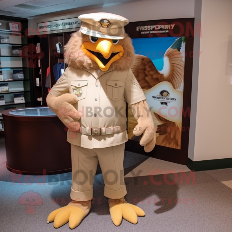 Tan Eagle mascot costume character dressed with a Capri Pants and Hat pins