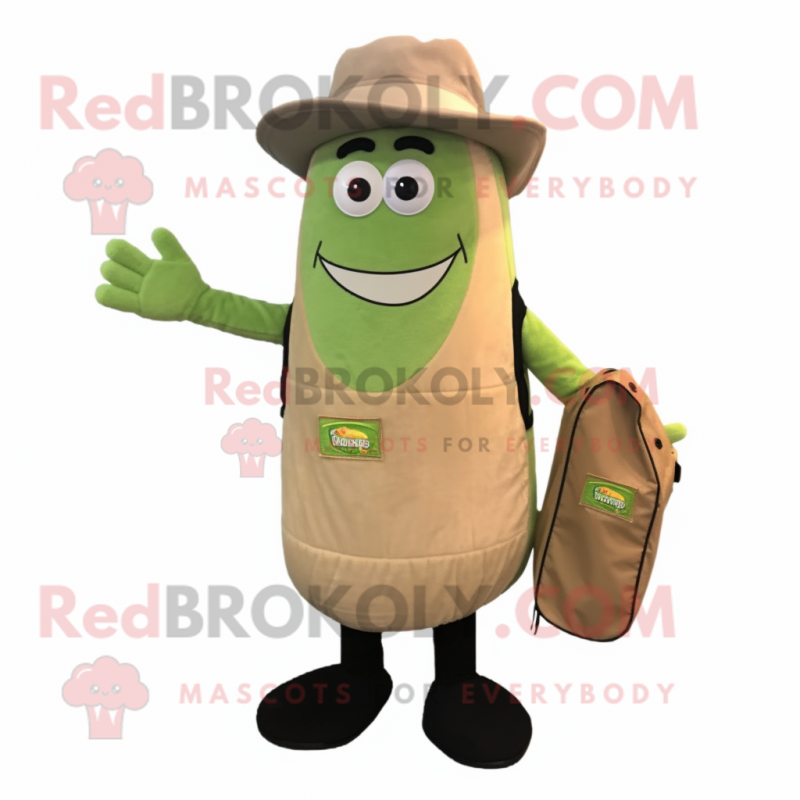 Tan Cucumber mascot costume character dressed with a Vest and Wallets