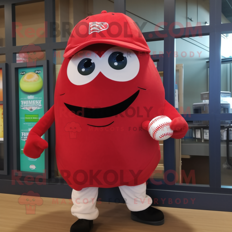 Red Zucchini mascot costume character dressed with a Baseball Tee and Scarves