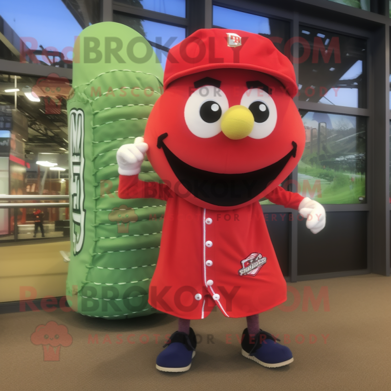 Red Zucchini mascot costume character dressed with a Baseball Tee and Scarves