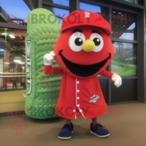 Red Zucchini mascot costume character dressed with a Baseball Tee and Scarves