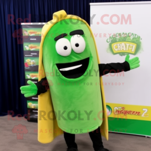 Green Enchiladas mascot costume character dressed with a Cardigan and Belts