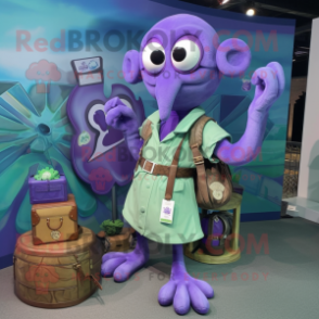 Lavender Kraken mascot costume character dressed with a Romper and Wallets
