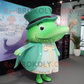 Green Whale mascot costume character dressed with a Blouse and Hat pins