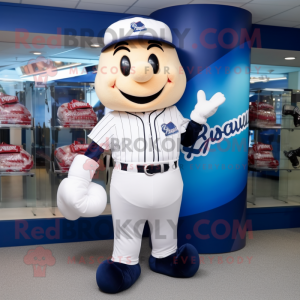 Navy Candy Box mascot costume character dressed with a Baseball Tee and Messenger bags