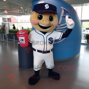 Navy Candy Box mascot costume character dressed with a Baseball Tee and Messenger bags