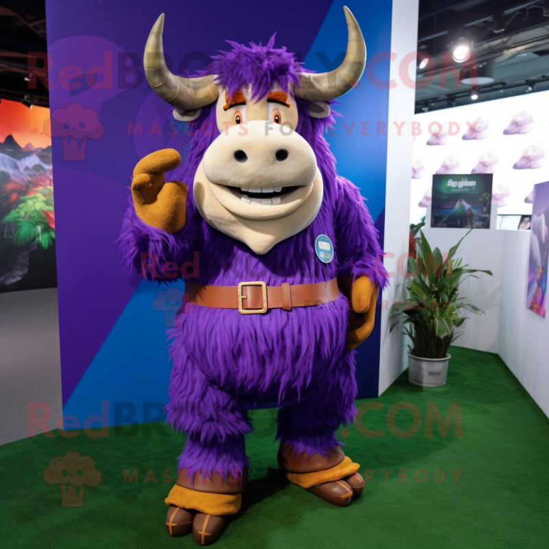 Purple Yak mascot costume character dressed with a Dress Pants and Foot pads