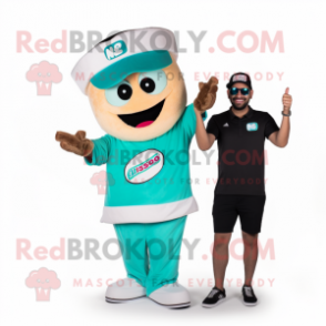 Turquoise Pizza Slice mascot costume character dressed with a Polo Shirt and Smartwatches