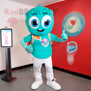 Turquoise Pizza Slice mascot costume character dressed with a Polo Shirt and Smartwatches