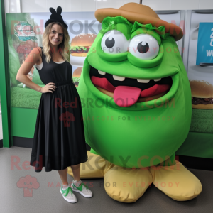 Forest Green Pulled Pork Sandwich mascot costume character dressed with a Maxi Skirt and Shoe laces
