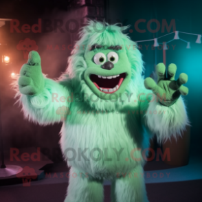 Green Yeti mascot costume character dressed with a Romper and Bow ties