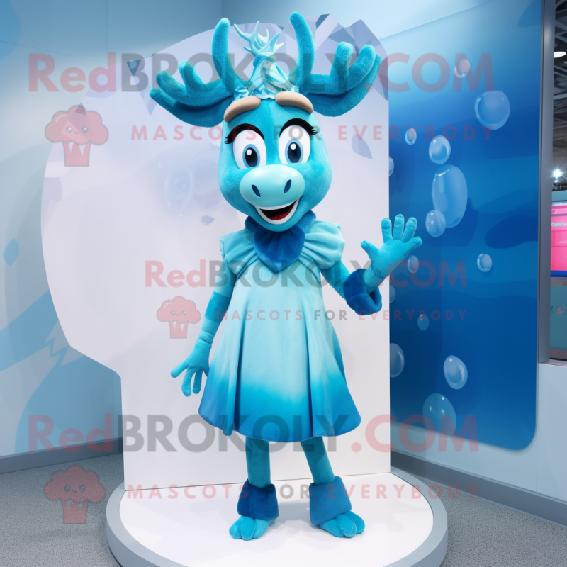 Cyan Reindeer mascot costume character dressed with a A Line Dress and Hair clips Mascot Costumes Redbrokoly