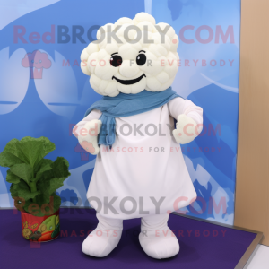 White Cauliflower mascot costume character dressed with a Jeans and Scarf clips