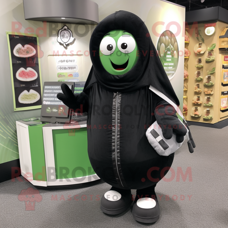 Black Cucumber mascot costume character dressed with a Sweatshirt and Handbags