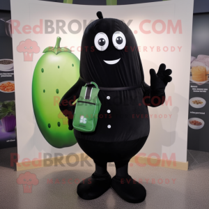 Black Cucumber mascot costume character dressed with a Sweatshirt and Handbags