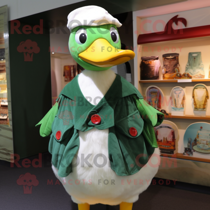 Green Muscovy Duck mascot costume character dressed with a Dungarees and Shawl pins