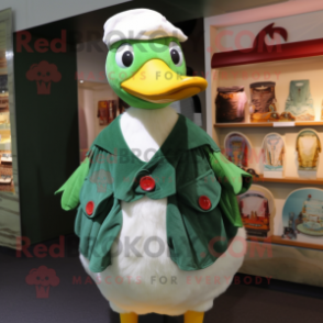 Green Muscovy Duck mascot costume character dressed with a Dungarees and Shawl pins