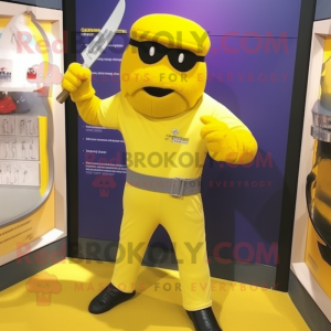 Yellow Knife Thrower mascot costume character dressed with a Henley Tee and Shoe clips