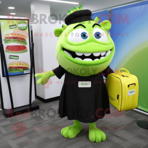 Lime Green Pulled Pork Sandwich mascot costume character dressed with a Midi Dress and Briefcases