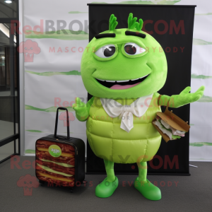 Lime Green Pulled Pork Sandwich mascot costume character dressed with a Midi Dress and Briefcases