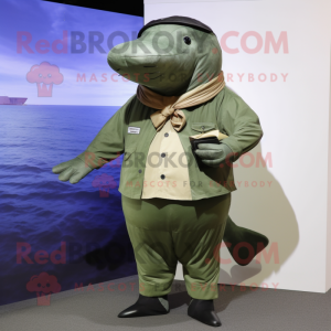 Olive Humpback Whale mascot costume character dressed with a Cargo Pants and Bow ties