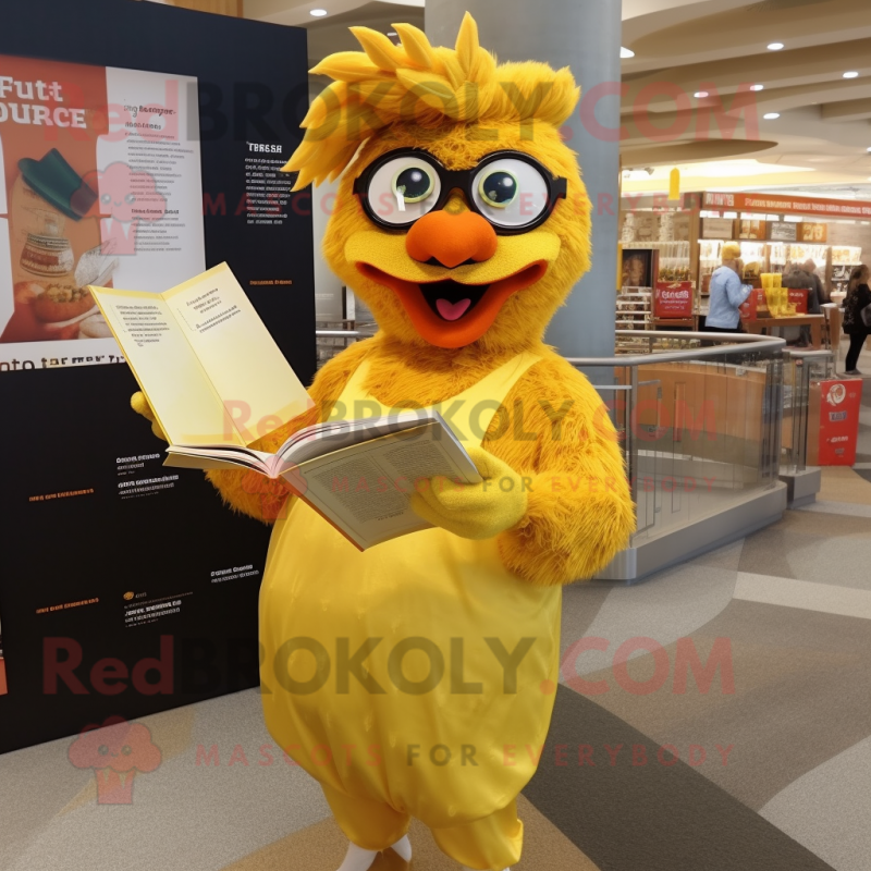 Gold Chicken Parmesan mascot costume character dressed with a Bodysuit and Reading glasses