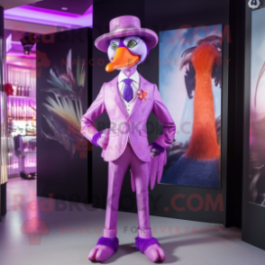 Purple Flamingo mascot costume character dressed with a Suit Pants and Hats