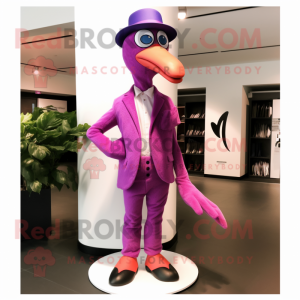 Purple Flamingo mascot costume character dressed with a Suit Pants and Hats