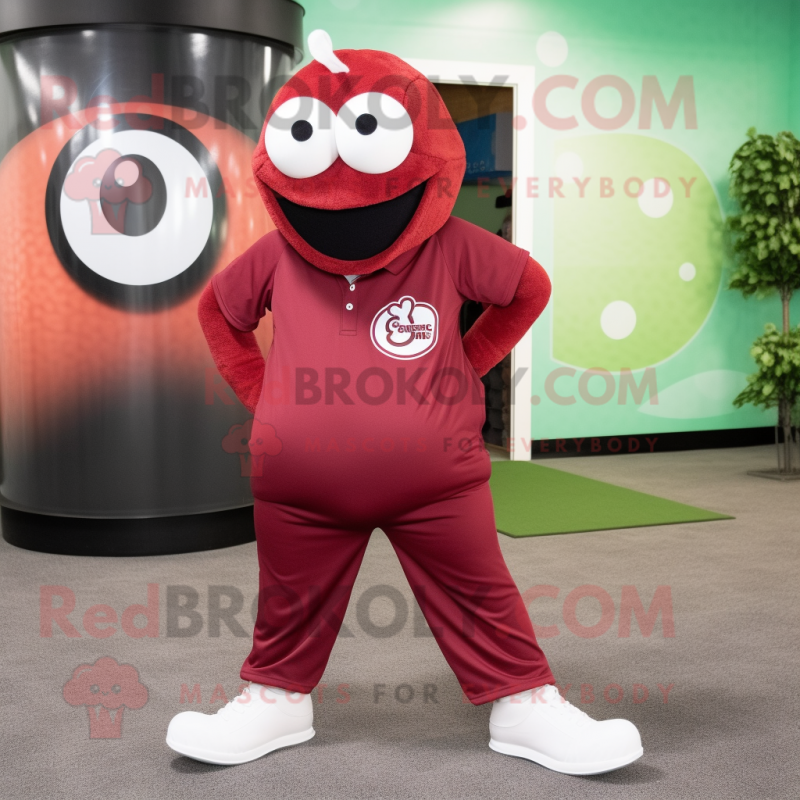 Maroon Golf Ball mascot costume character dressed with a Yoga Pants and Messenger bags