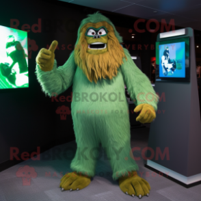 Green Sasquatch mascot costume character dressed with a Jumpsuit and Scarves