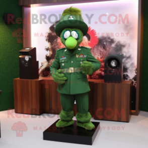 Forest Green Para Commando mascot costume character dressed with a Evening Gown and Brooches