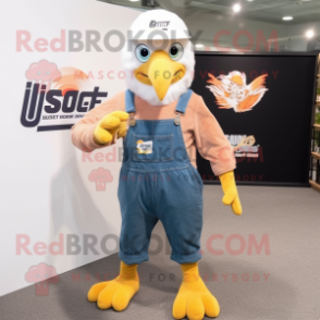 Peach Bald Eagle mascot costume character dressed with a Dungarees and Shoe laces