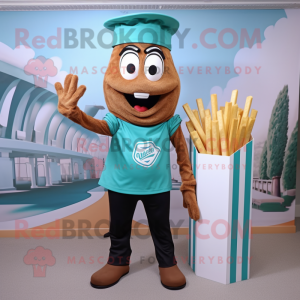Teal French Fries mascot costume character dressed with a Henley Tee and Suspenders