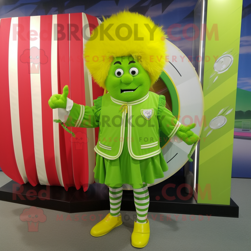 Lime Green Swiss Guard mascot costume character dressed with a Windbreaker and Hair clips