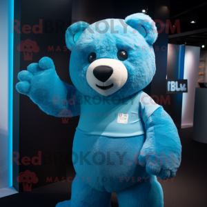 Cyan Bear mascot costume character dressed with a V-Neck Tee and Mittens