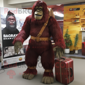 Maroon Sasquatch mascot costume character dressed with a Rash Guard and Briefcases