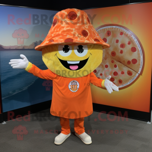 Orange Pizza Slice mascot costume character dressed with a Cover-up and Hat pins