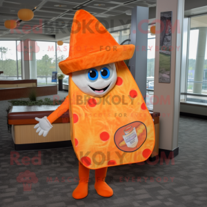 Orange Pizza Slice mascot costume character dressed with a Cover-up and Hat pins