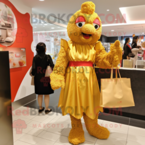 Gold Fried Chicken mascot costume character dressed with a A-Line Dress and Tote bags
